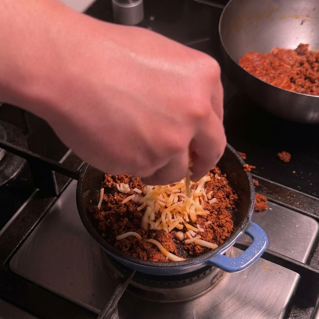 Gros plan sur du fromage Colby Jack râpé incorporé à de la viande de chorizo dorée dans une petite poêle.