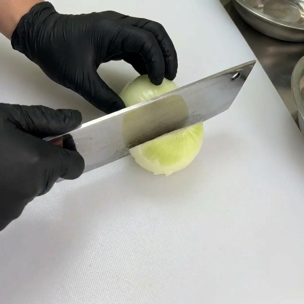 Oignon coupé en morceaux uniformes sur une planche à découper blanche avec un couperet professionnel.