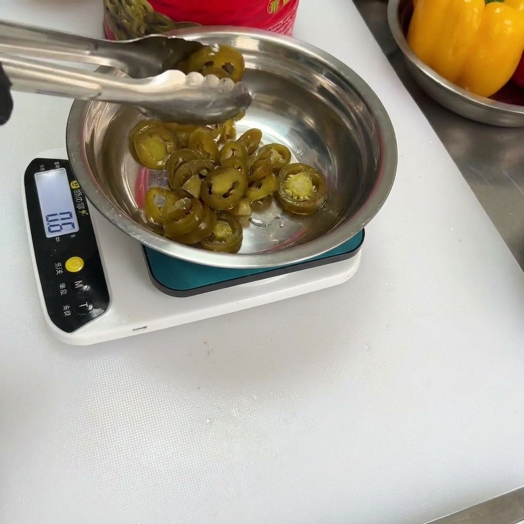 Rondelles de piment jalapeño ajoutées au mélange dépices dans un bol.