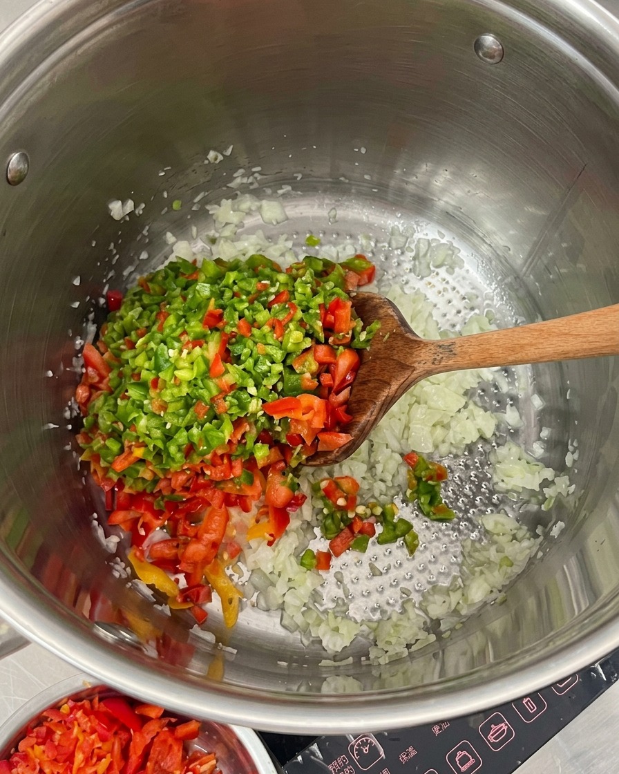 Poivrons colorés finement hachés ajoutés dans une grande marmite avec des oignons sautés.