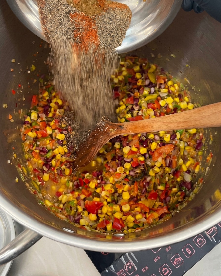 Diverses épices versées dans une marmite contenant des poivrons colorés, des haricots et du maïs.
