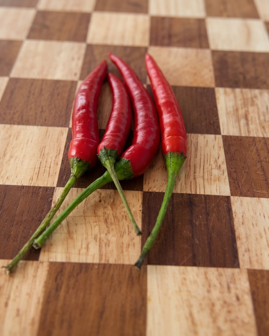 Piments rouges frais coupés en petits morceaux sur une planche à découper en bois.