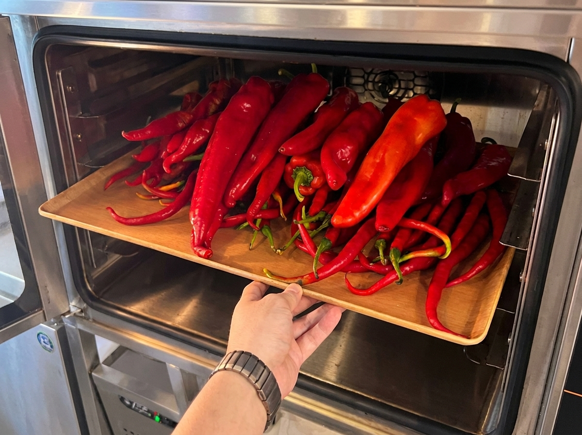 Une plaque de cuisson remplie de piments rouges frais enfournée dans un four préchauffé.