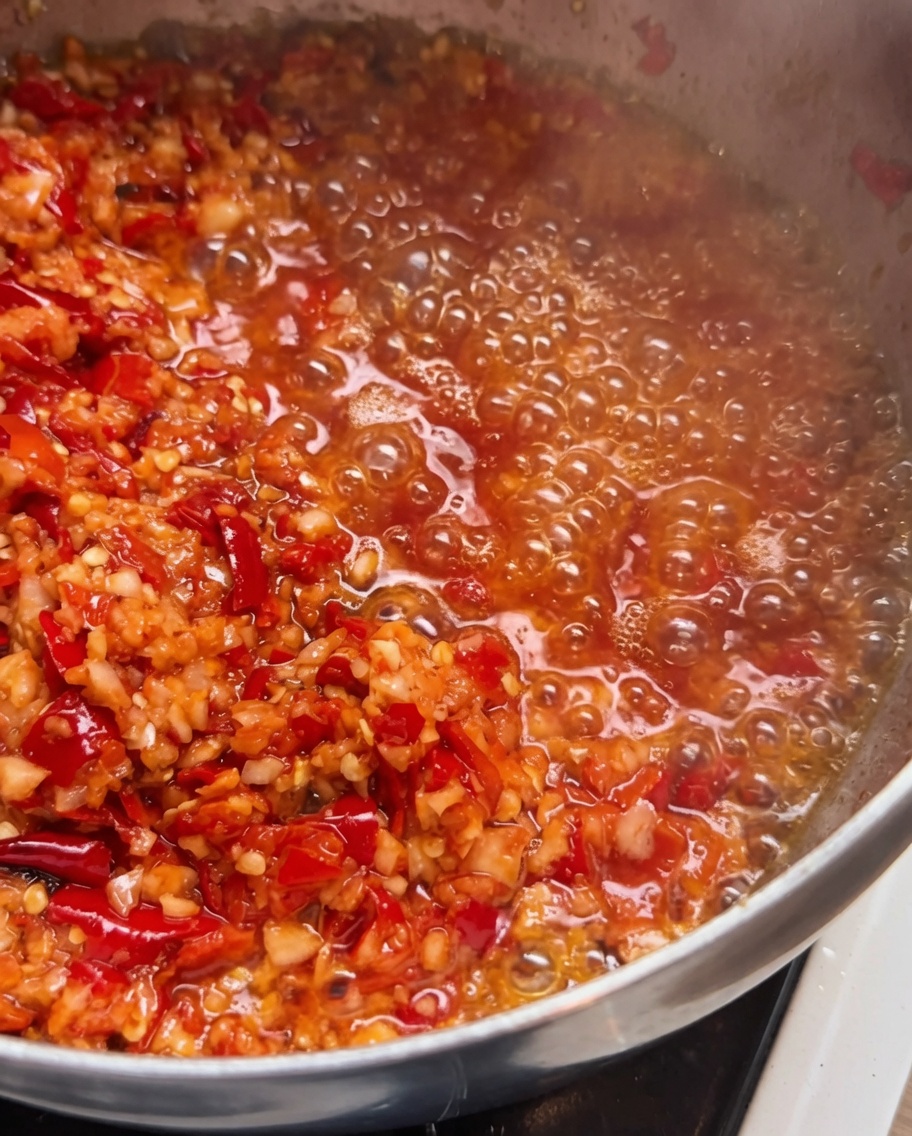 Une poêle contenant le mélange piment-ail sauté, avec des morceaux de piment rôtis ajoutés et une noisette de beurre en train de fondre.