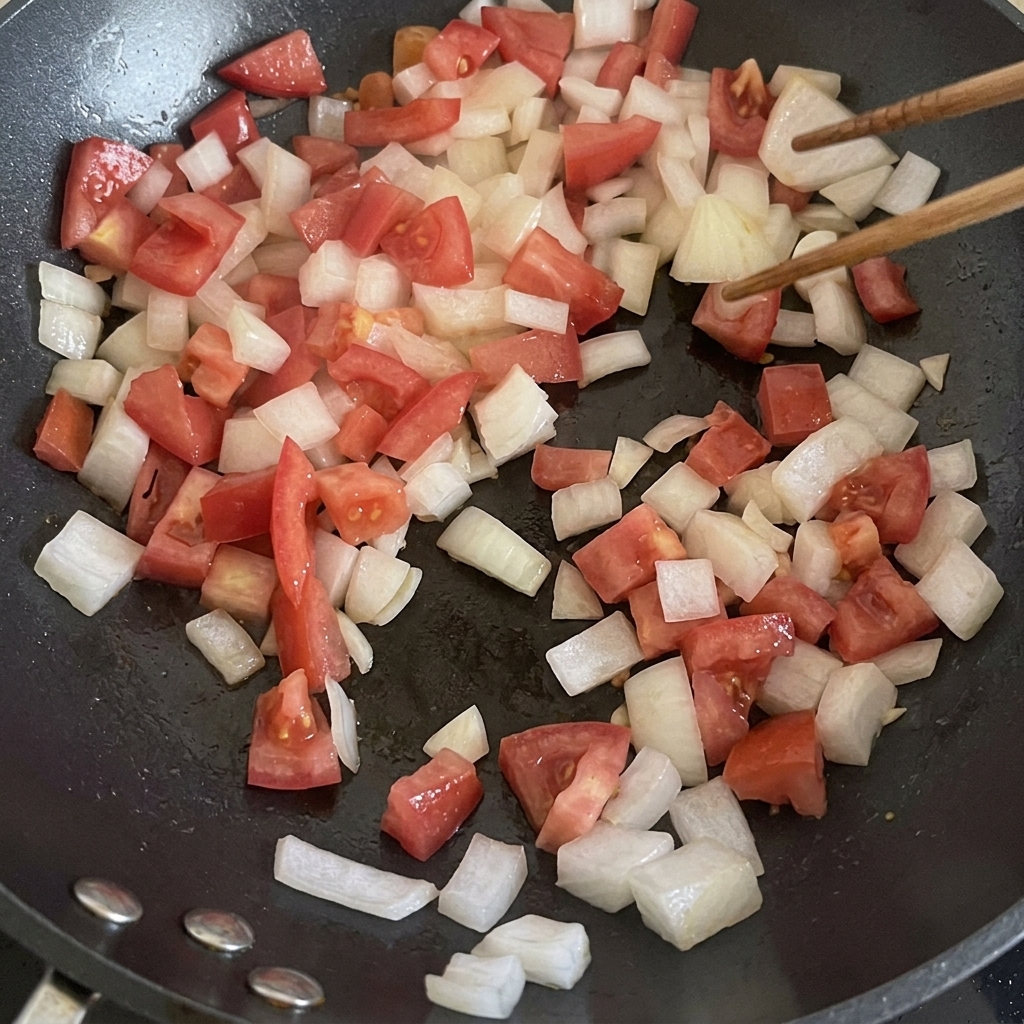 Tomates en dés et oignons blancs en train de sauter dans une poêle jusquà ce quils ramollissent.