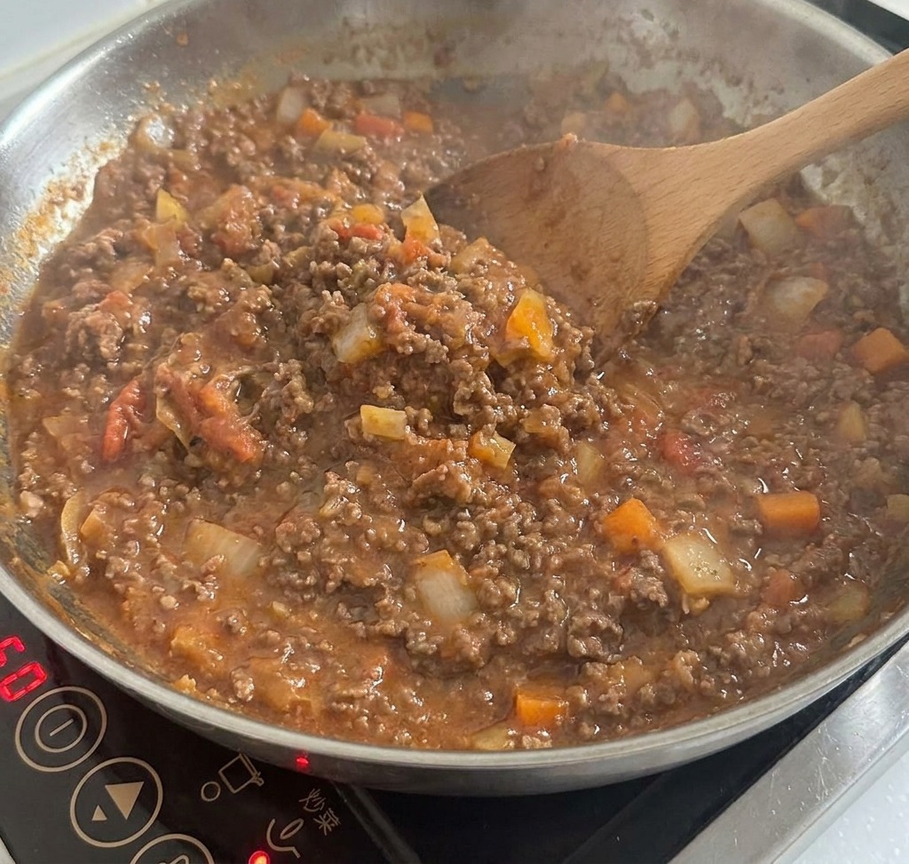 Sauce à la viande style mexicain en train de mijoter et de bouillonner dans une poêle, daspect épais et riche.