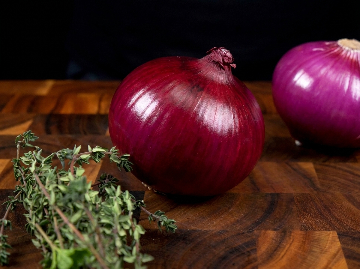 Un oignon rouge coupé en deux sur une planche en bois, entouré dherbes fraîches.