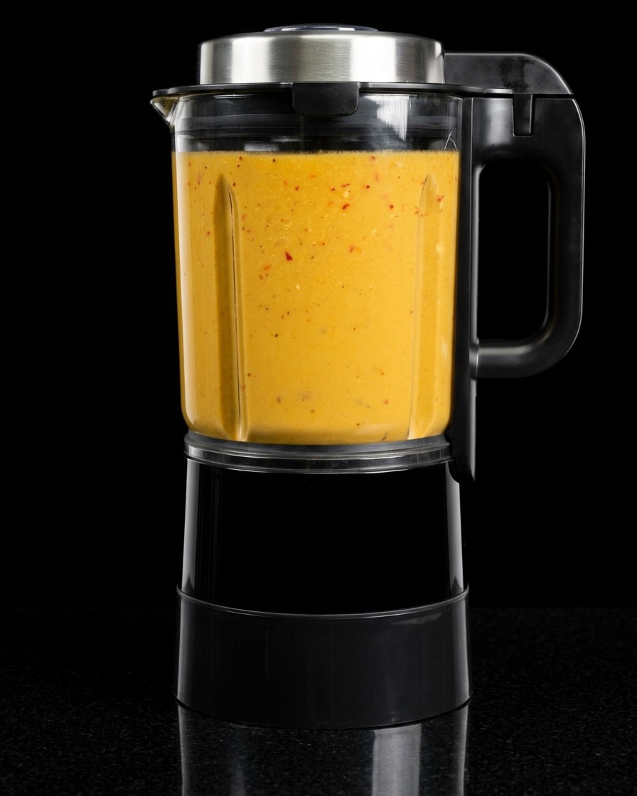 Bol dun blender haute performance contenant une base de bisque de homard lisse et orange vif.