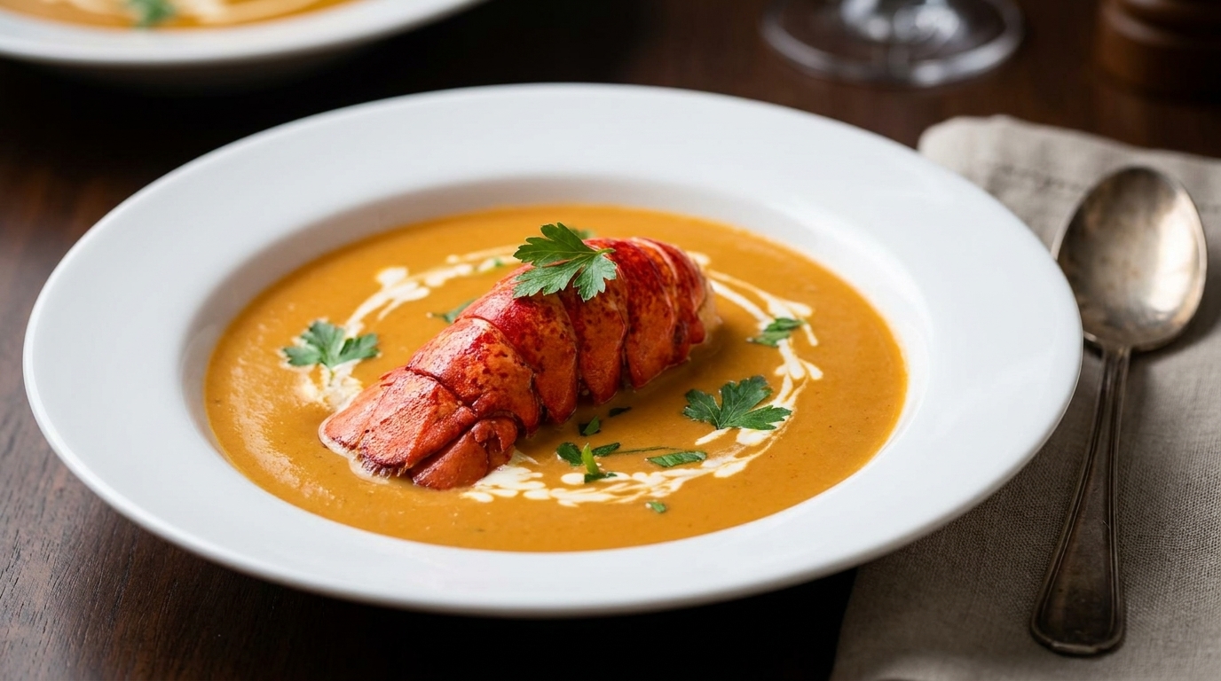 Une assiette de bisque de homard élégante, sublimée par une queue de homard saisie au beurre et un trait de crème.