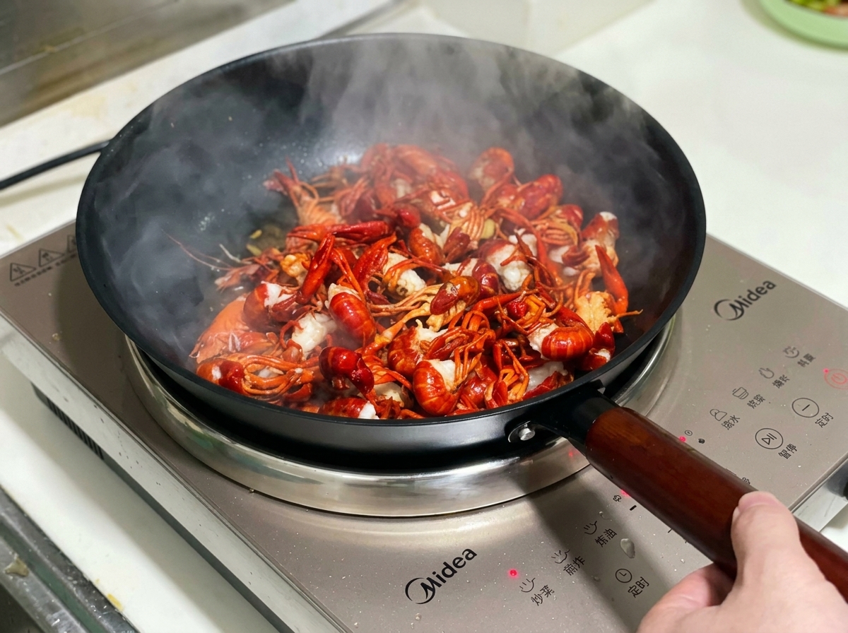 Écrevisses sautées avec des aromates dans une poêle chaude.