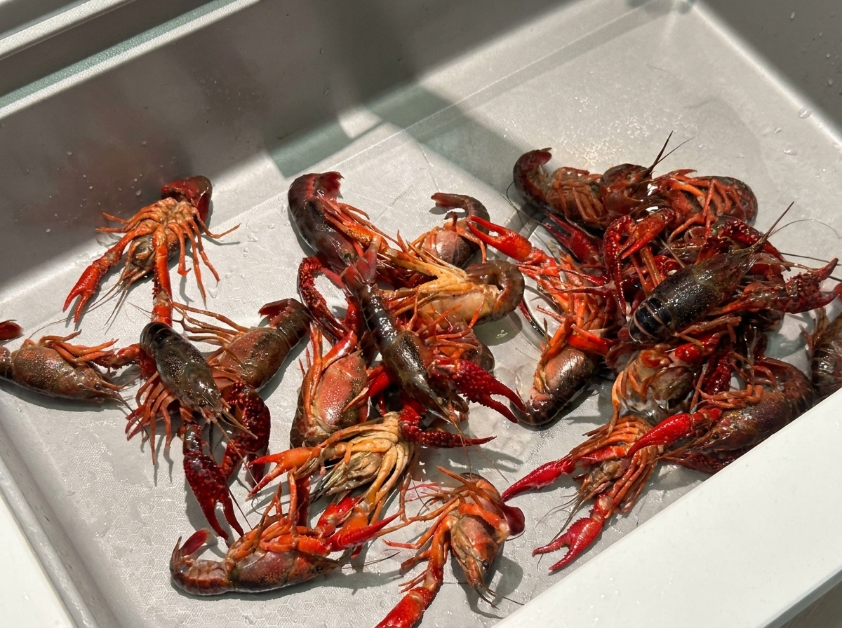 Des écrevisses en train dêtre soigneusement nettoyées dans un évier de cuisine sous leau courante.