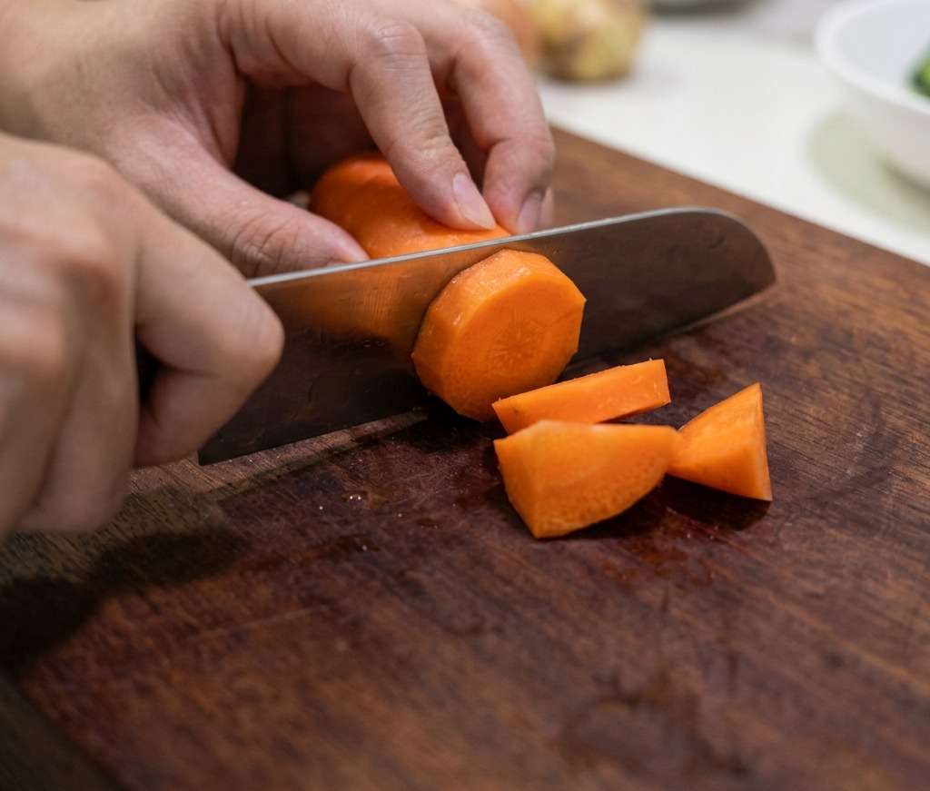 Une carotte épluchée coupée en petits morceaux irréguliers sur une planche.
