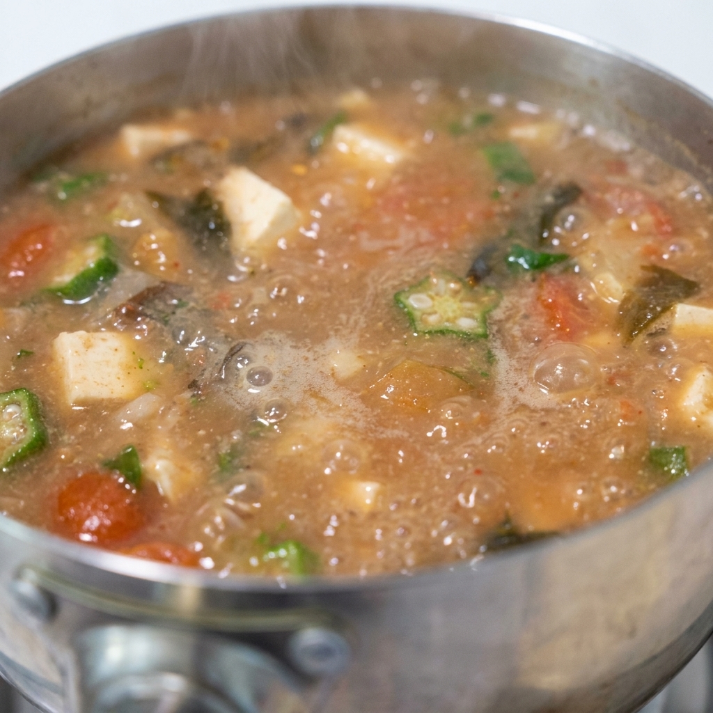 Une louche remuant la soupe miso pour dissoudre totalement la pâte.