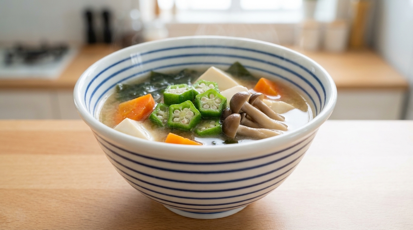 Un bol fumant de soupe miso au gombo, mettant en valeur des tranches étoilées de gombo et du tofu soyeux dans un bouillon clair et savoureux.