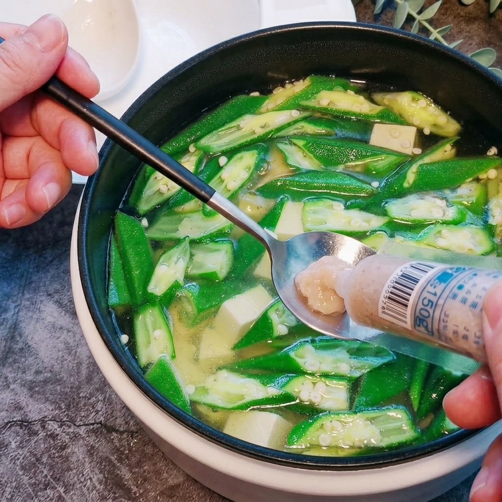 Une cuillerée de pâte de crevettes incorporée dans la soupe frémissante.
