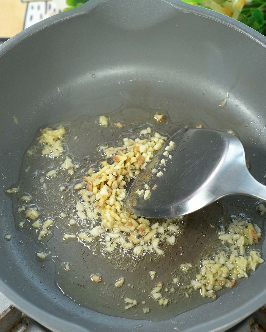 Gingembre émincé sauté dans de lhuile chaude dans une poêle.
