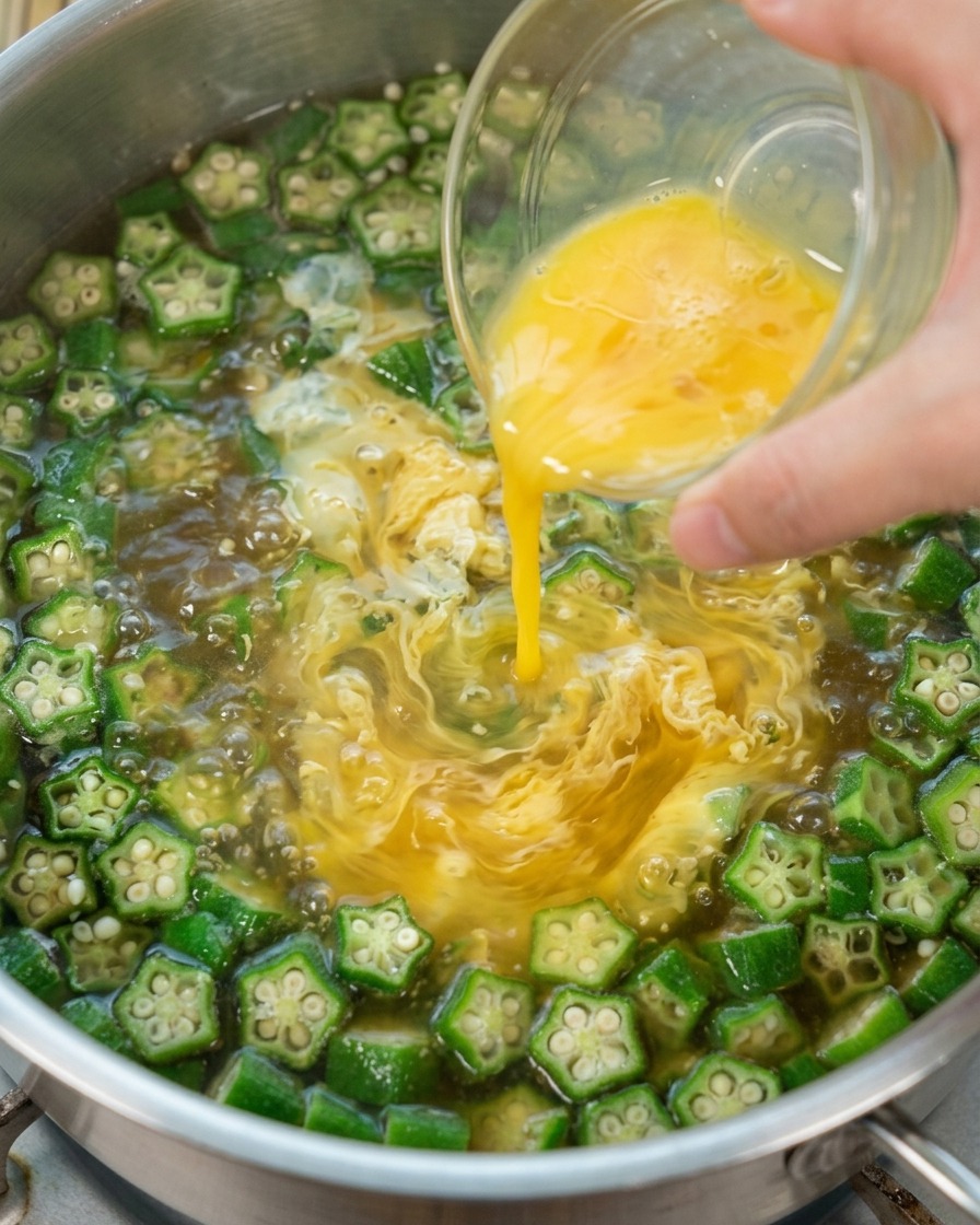 Œuf battu versé dans la soupe au gombo bouillante pour créer des rubans.