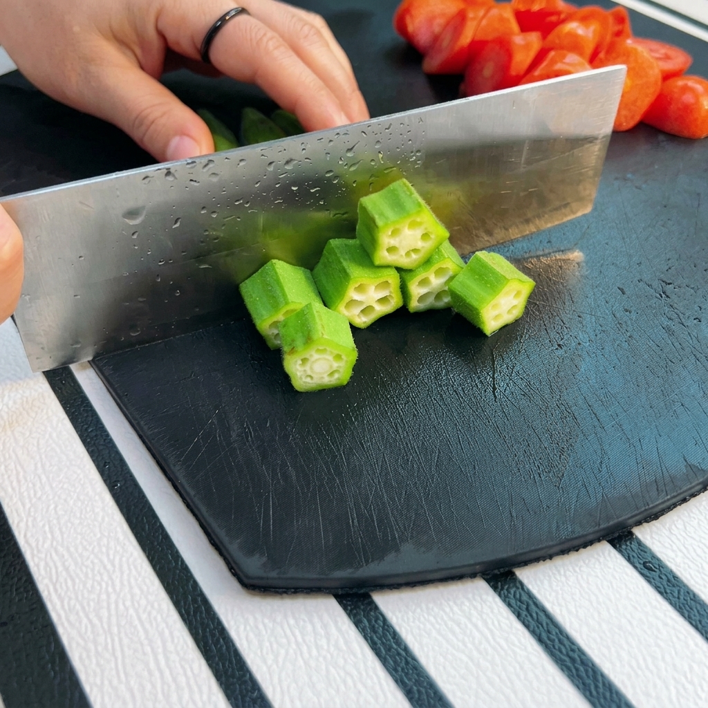 La main dun cuisinier tenant un gombo vert tout en le découpant en petites sections en forme détoile avec un couteau.