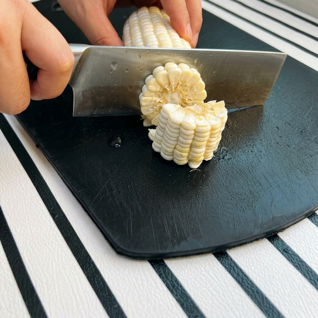 Une main saisissant fermement un épi de maïs jaune et blanc pendant quun couteau le découpe en segments ronds.