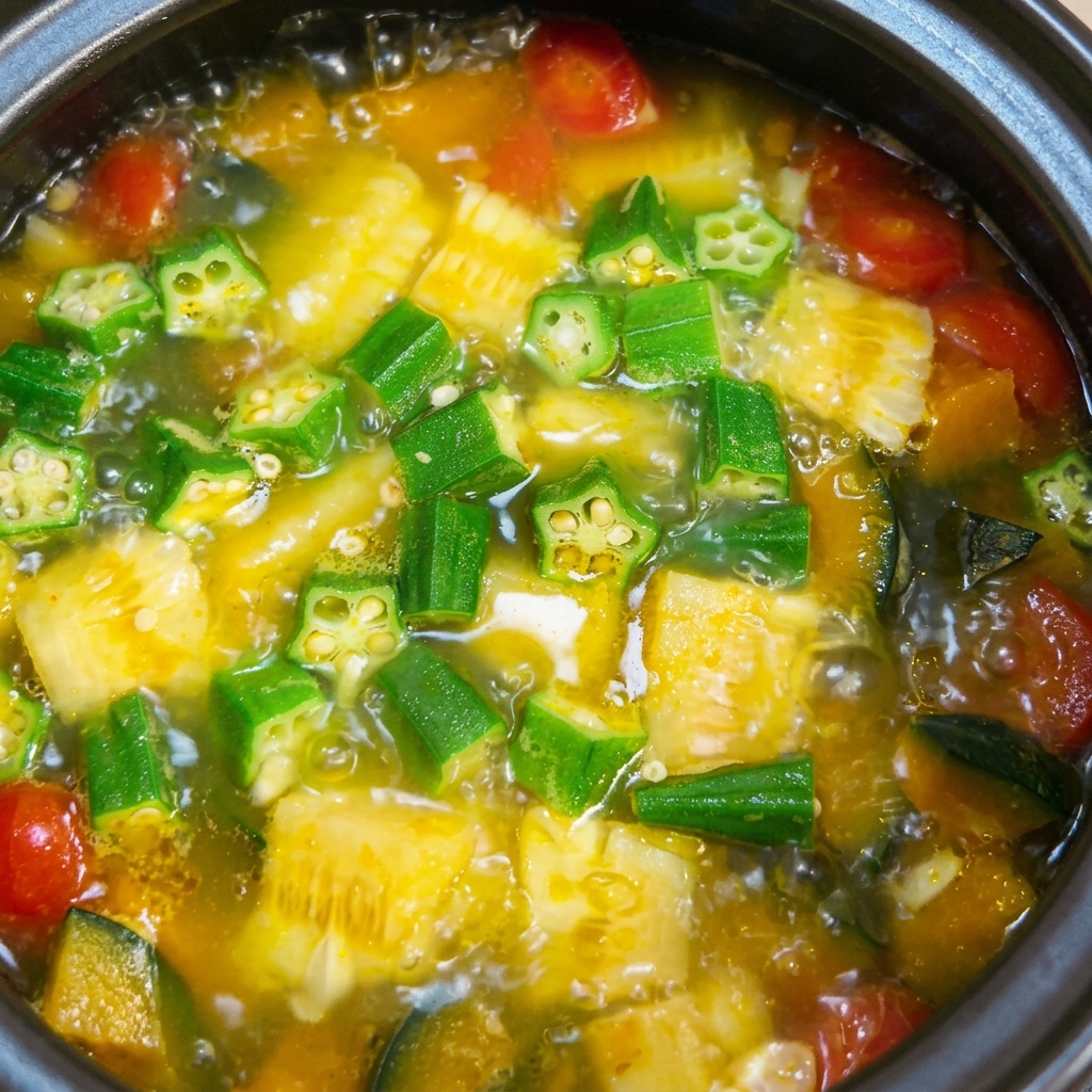 Une petite cuillère à mesurer versant du sel dans une marmite de soupe aux légumes colorée.