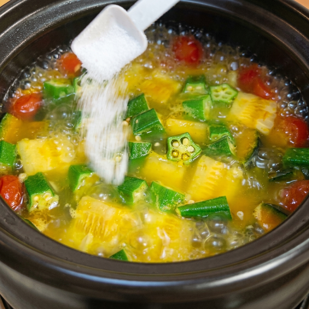 Du poivre blanc saupoudré dans une marmite de soupe aux légumes terminée, capturant le processus dassaisonnement.