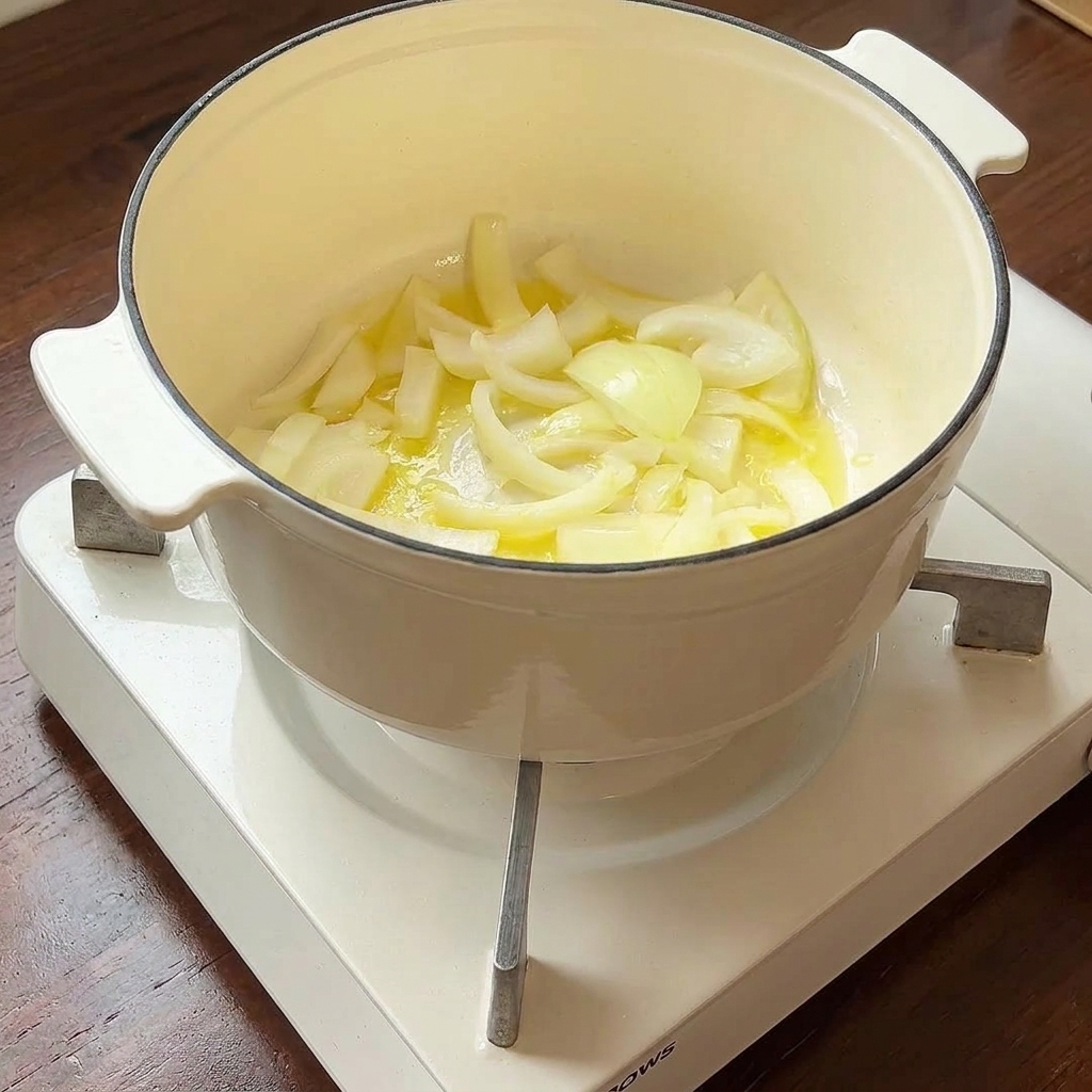 Oignons hachés faisant revenir dans une marmite avec du beurre fondu jusquà devenir tendres.