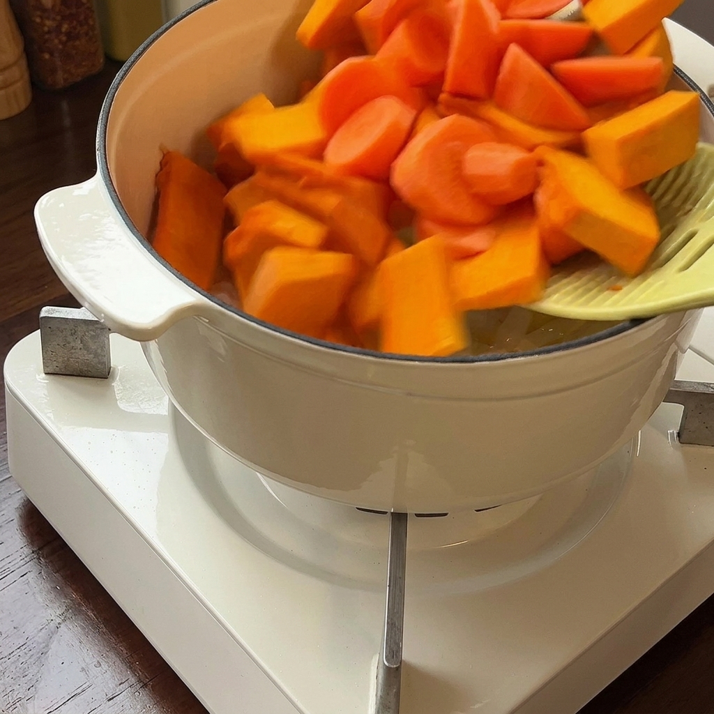 Morceaux de potiron et de carotte ajoutés dans la marmite avec les oignons.