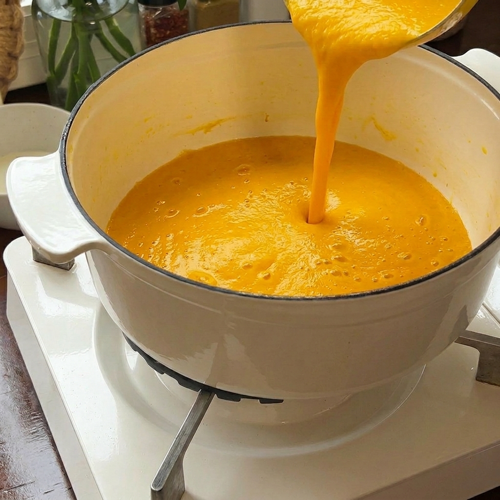 Velouté de potiron versé depuis le bol du mixeur dans une marmite en fonte émaillée.