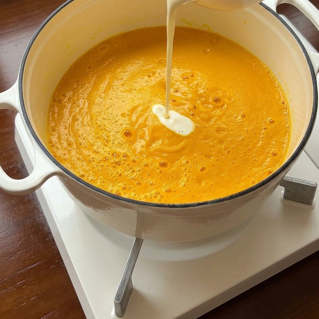 Crème liquide versée dans une marmite de soupe de potiron orange vif, prête à être mélangée.