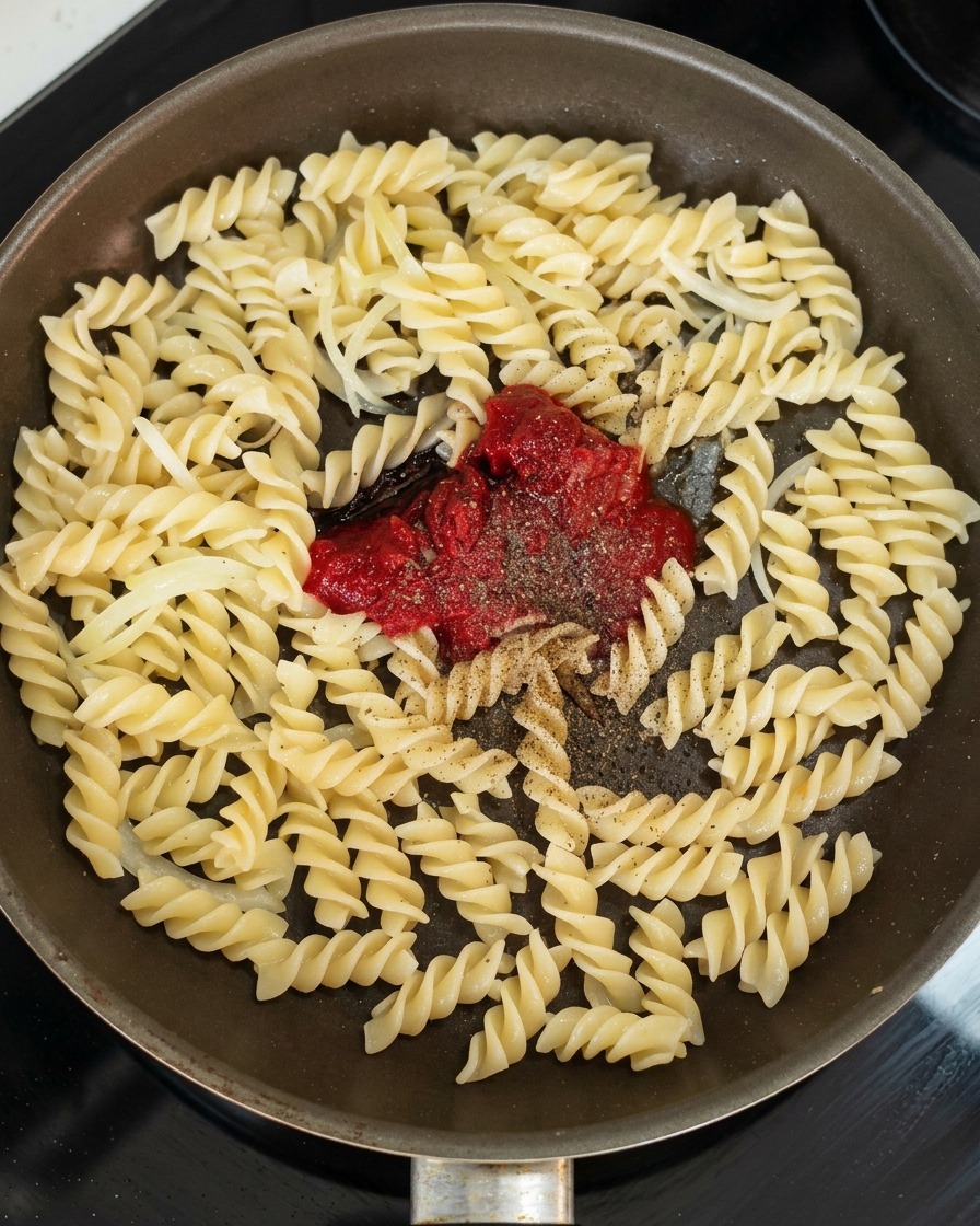 Une poêle contenant des pâtes et des oignons avec une cuillerée de concentré de tomates et des épices au centre.