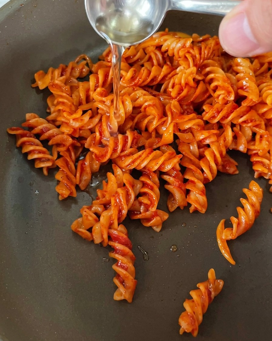 Gros plan sur une poêle avec des pâtes et une sauce rouge, avec une main versant un liquide clair pour flamber le plat.