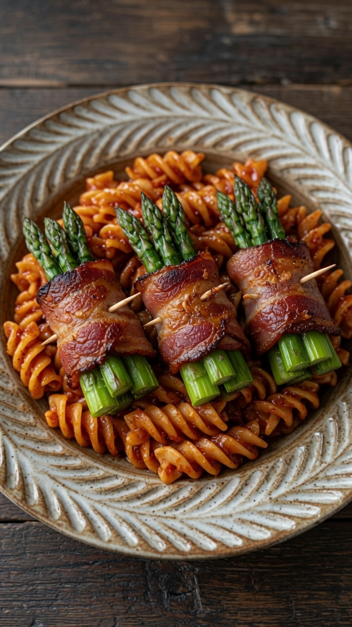 Spaghettis aux asperges et roulés de bacon