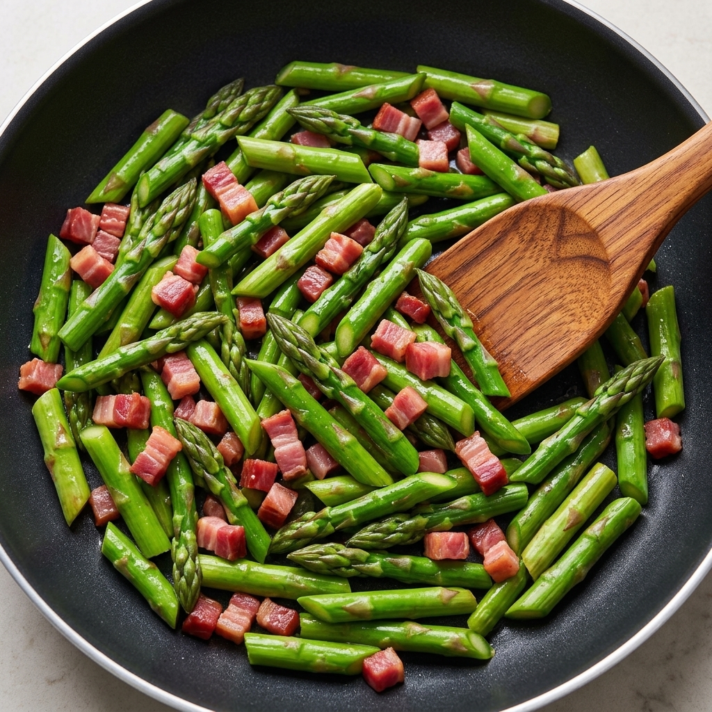 Ail haché et oignons verts incorporés au mélange bacon et asperges.