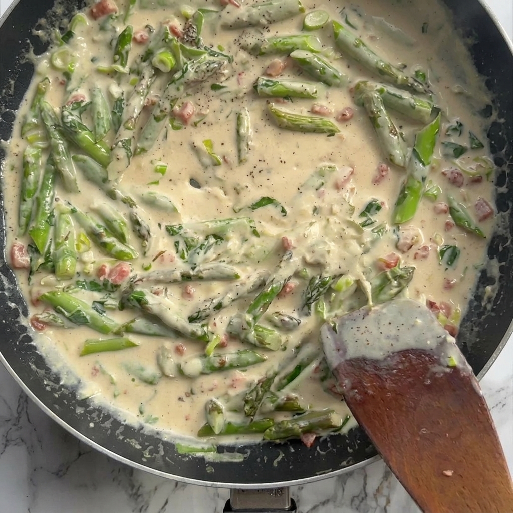 Spaghettis cuits enrobés de sauce crémeuse avec le bacon et les asperges.