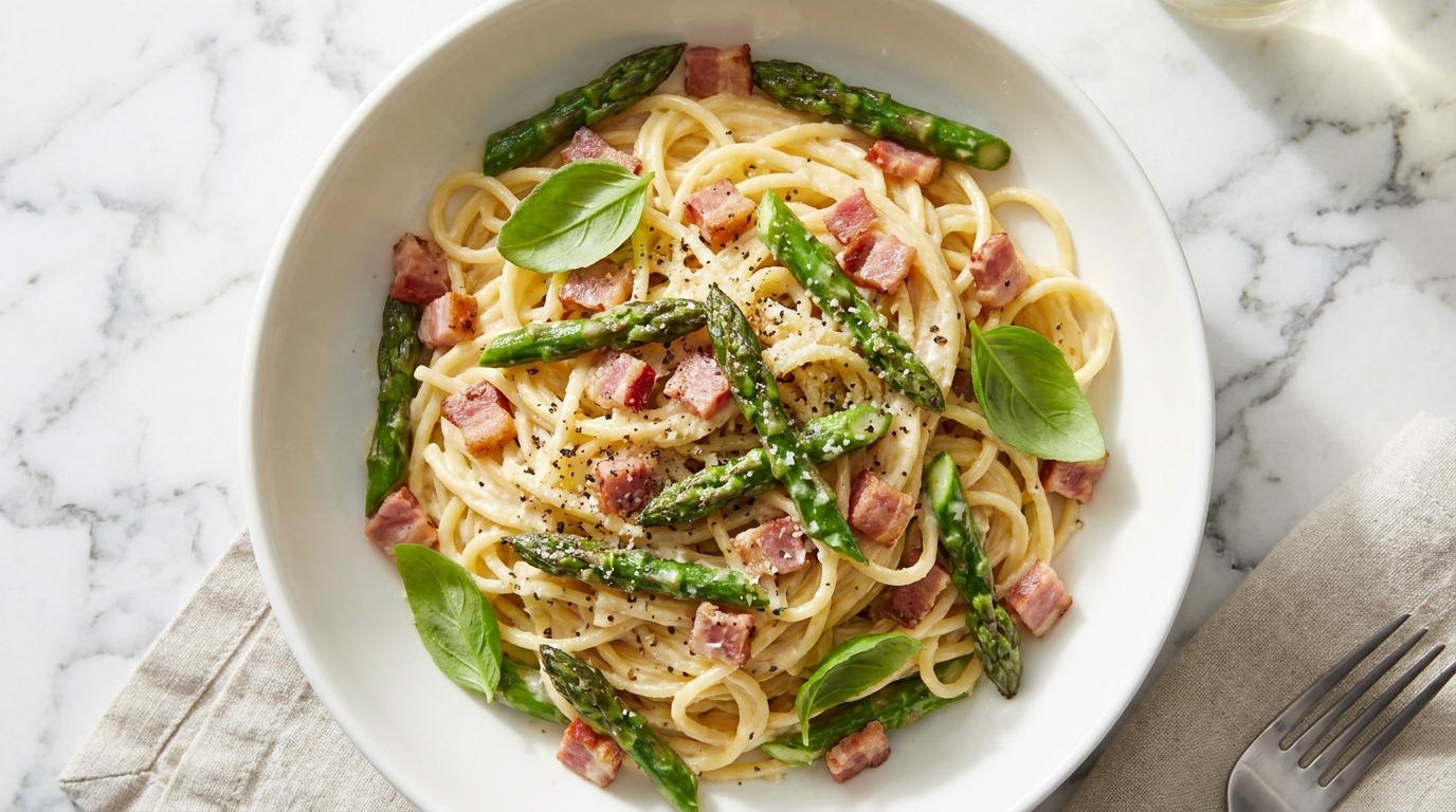 Spaghetti crémeux au bacon et aux asperges