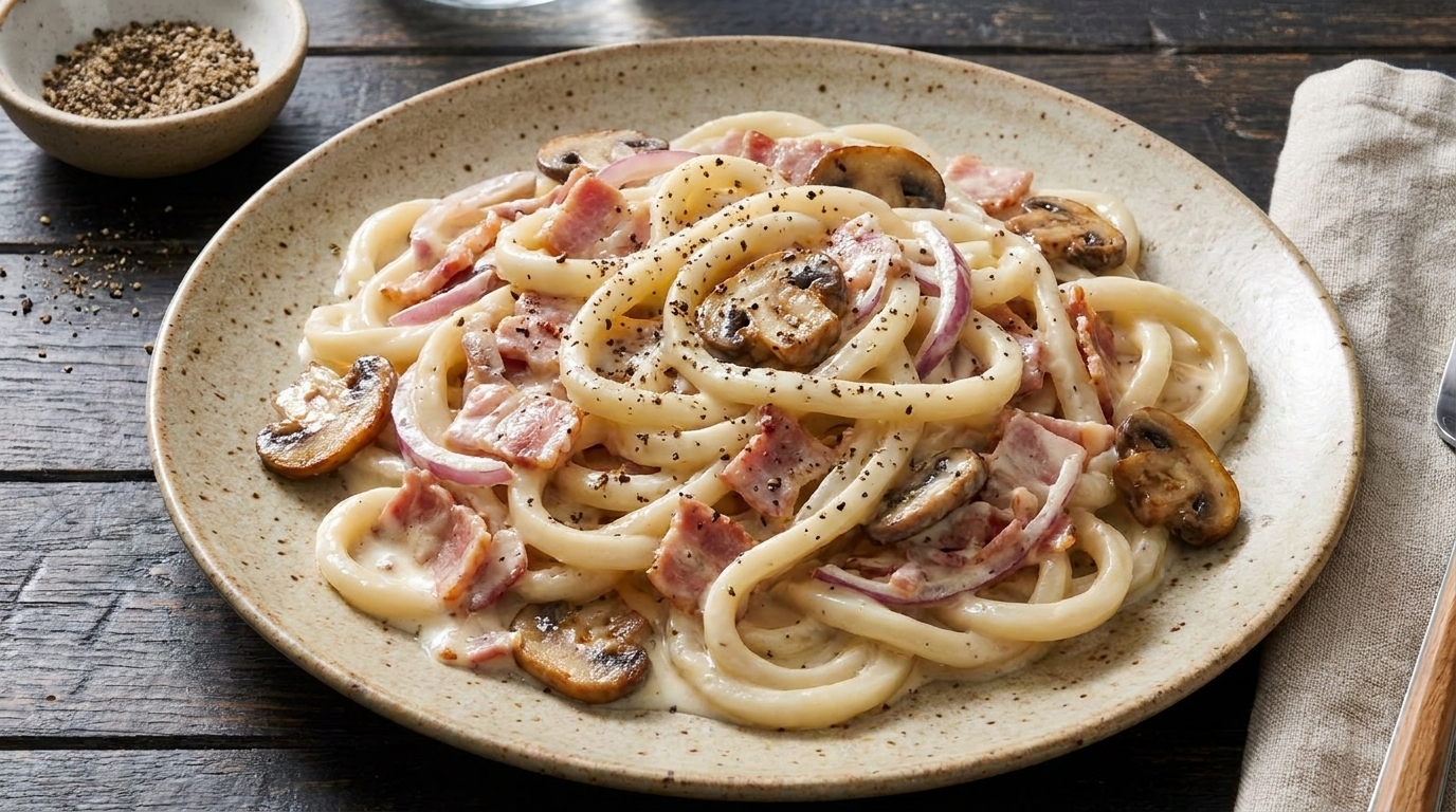 Udon crémeux au bacon et à la truffe noire