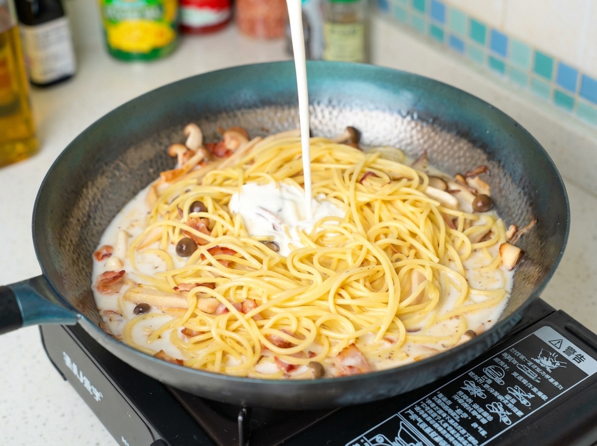 Crème liquide ajoutée à la préparation pour lier la sauce.