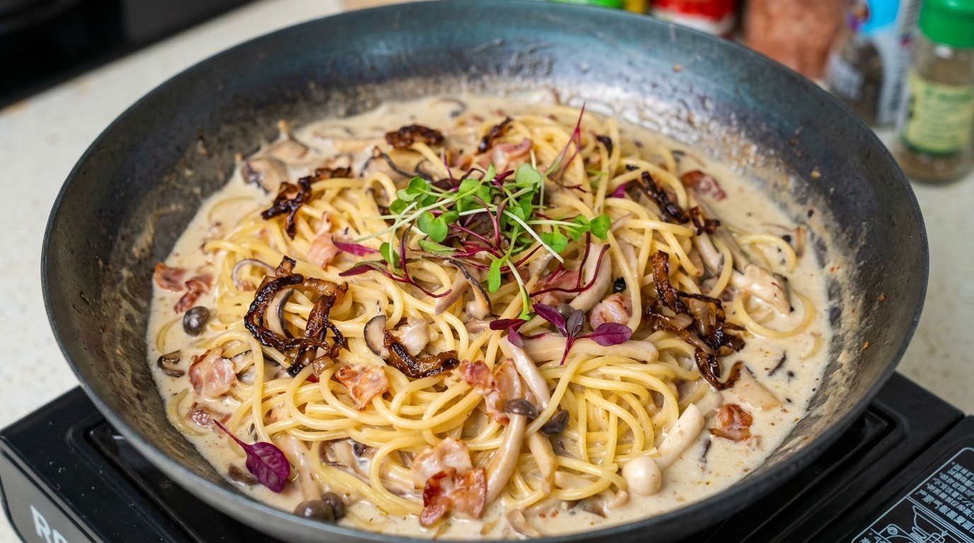 Pâtes aux cheveux d'ange crémeuses au bacon et aux champignons