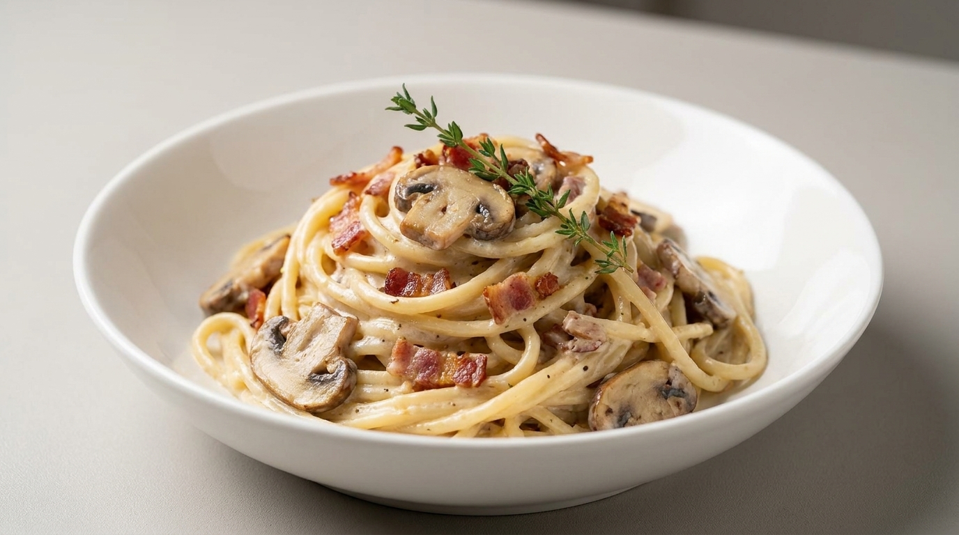 Pâtes crémeuses au bacon et aux champignons