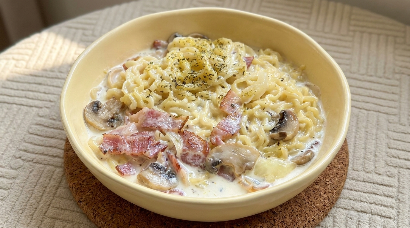 Un bol de nouilles ramen crémeuses garnies de bacon savoureux, de champignons terreux et saupoudrées dherbes séchées.