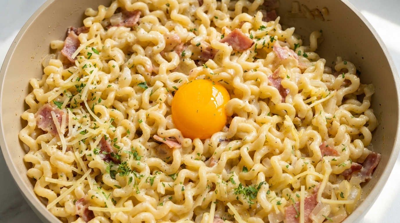 Carbonara Crémeuse au Bacon et Nouilles Torsadées