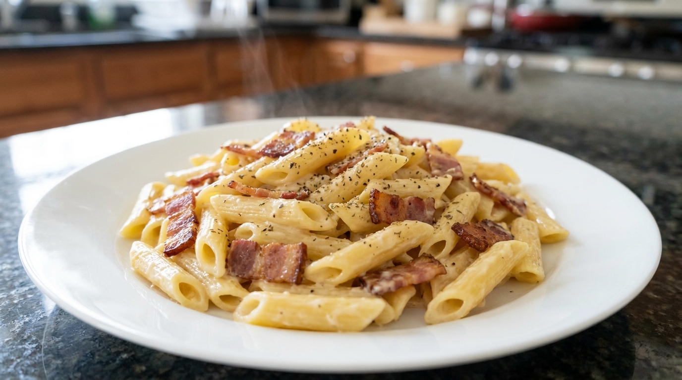 Penne Crémeuses au Bacon et à l'Ail