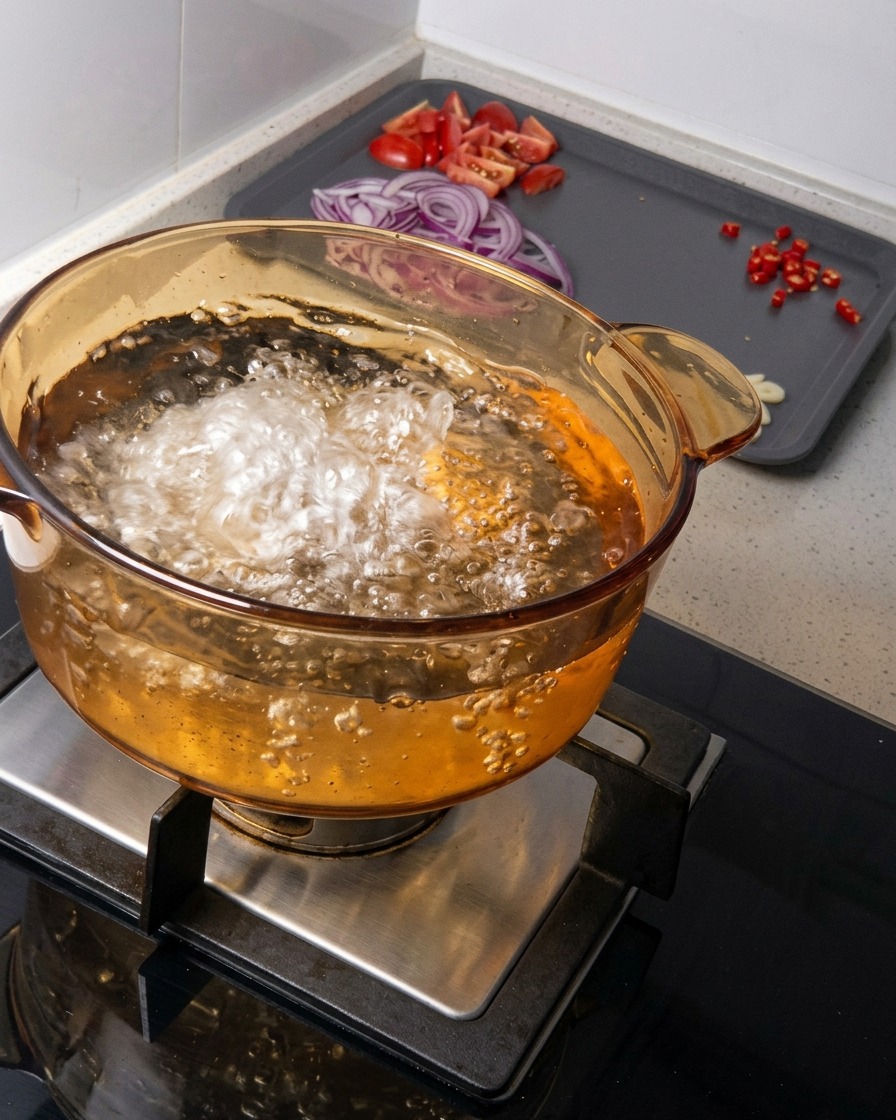Une marmite en verre ambré sur une cuisinière remplie deau bouillante, avec les ingrédients préparés en arrière-plan.