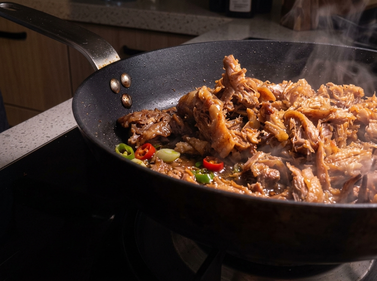 Anchois effilés sautés dans une poêle avec les oignons caramélisés et des tranches de piment.