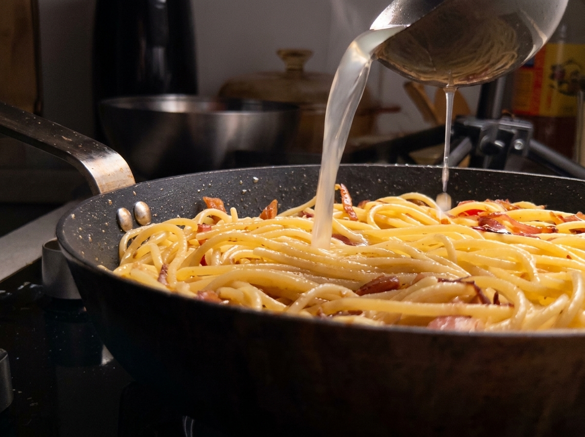 Une louche versant de leau de cuisson amidonnée sur les spaghetti dans la poêle pour créer la sauce.
