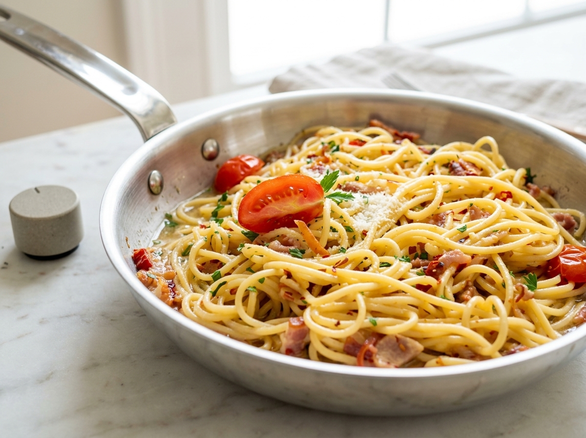 Pâtes mélangées avec des tranches de tomates cerises et la sauce dans la poêle.
