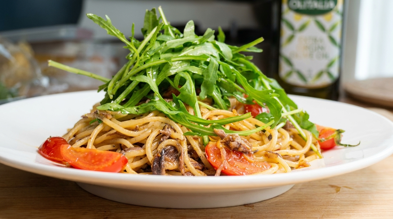 Spaghetti rapide aux anchois et oignons caramélisés
