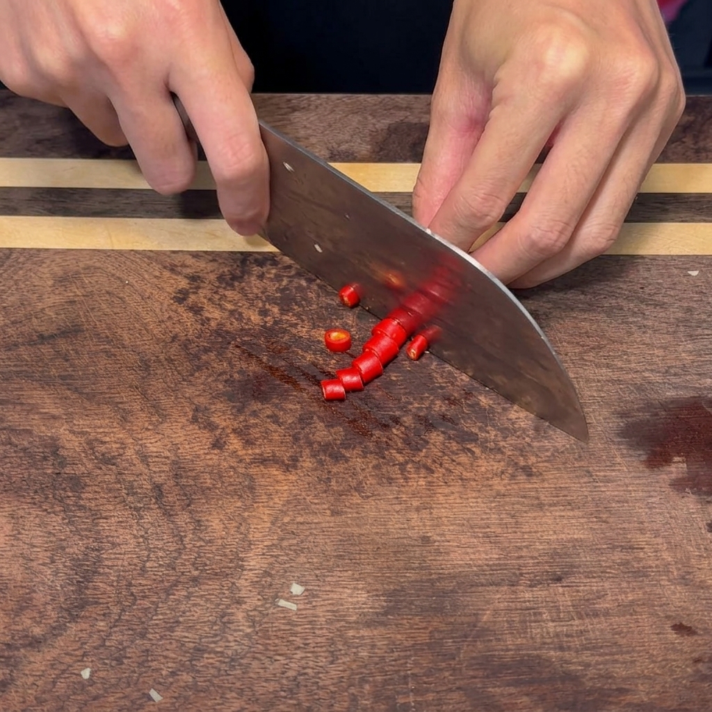 Morceaux de piment rouge fraîchement tranchés sur une surface en bois.