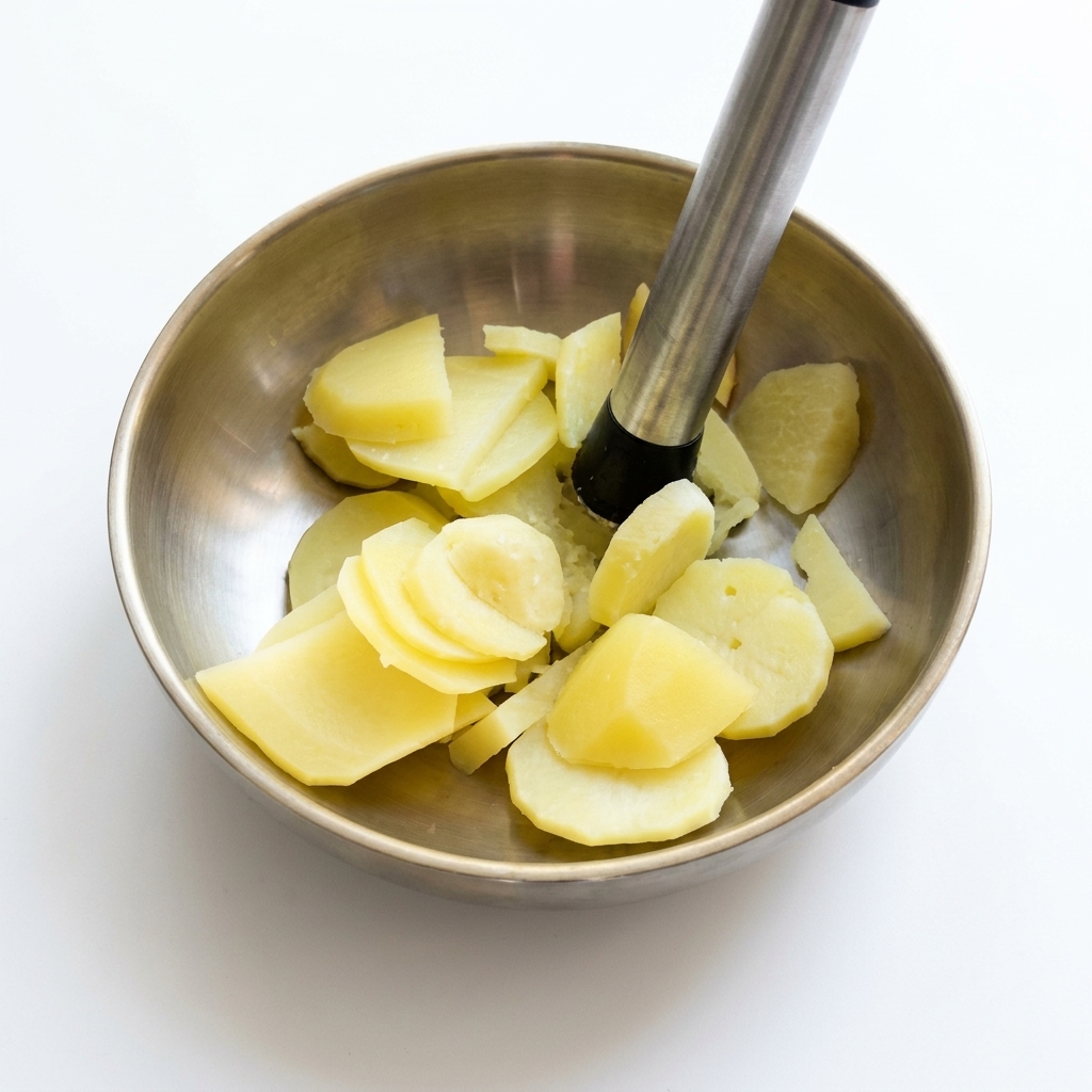 Des tranches de pomme de terre cuites finement écrasées en une purée lisse dans un bol en métal.