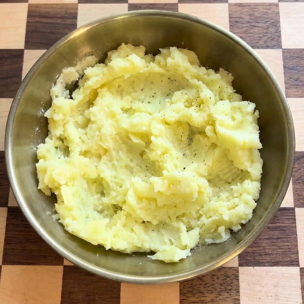Du poivre noir fraîchement moulu ajouté dans le bol de purée de pommes de terre lisse.